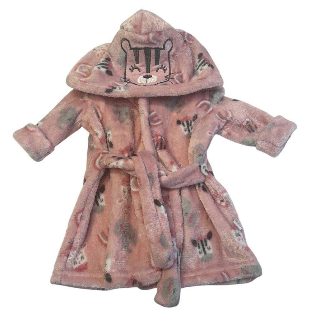 Baby Hooded Robe 0-9M Plush Animal Print Pink Cozy Cute Gift Soft Wrap Bath